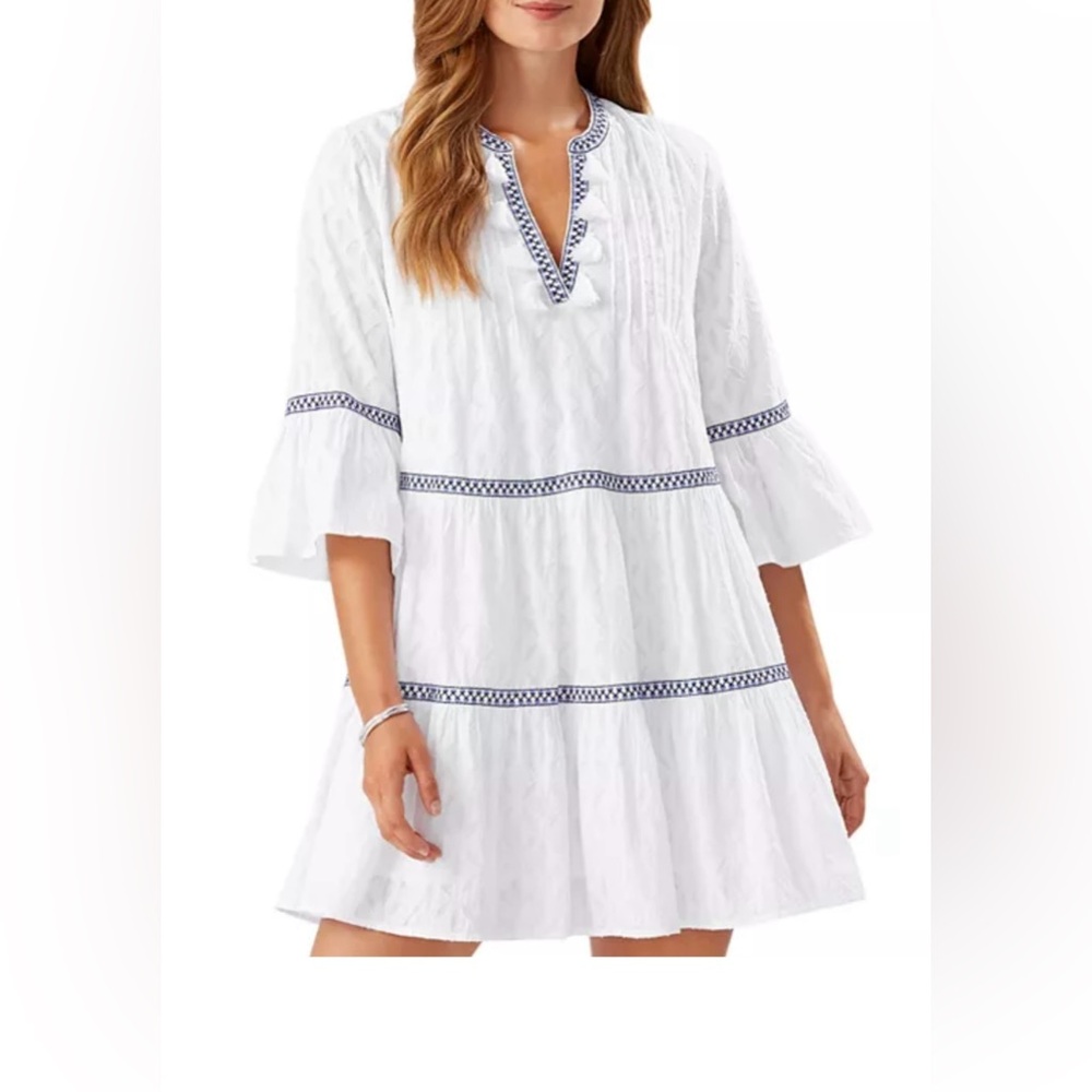 Tommy Bahama White 3/4 sleeve dress with Blue Trim and Tassel details